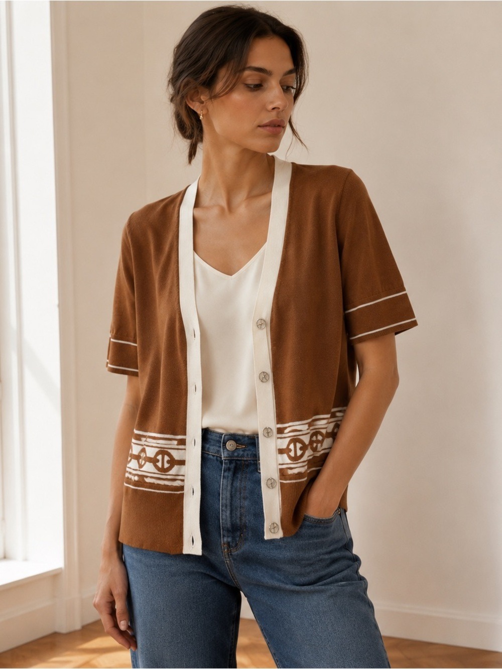 Hermès Brown & Ivory Chain Motif Cardigan Size 38